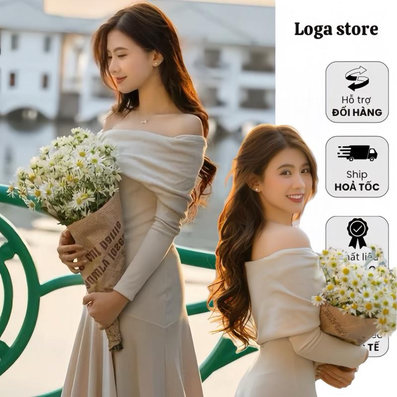  Loga store Váy trễ vai dài tay dáng xoè vải nhung tăm đầm body trễ vai dáng dài tiểu thư_L329 màu trắng chất liệu mềm mại co dãn tốt form dáng chuẩn chỉnh cho nữ 