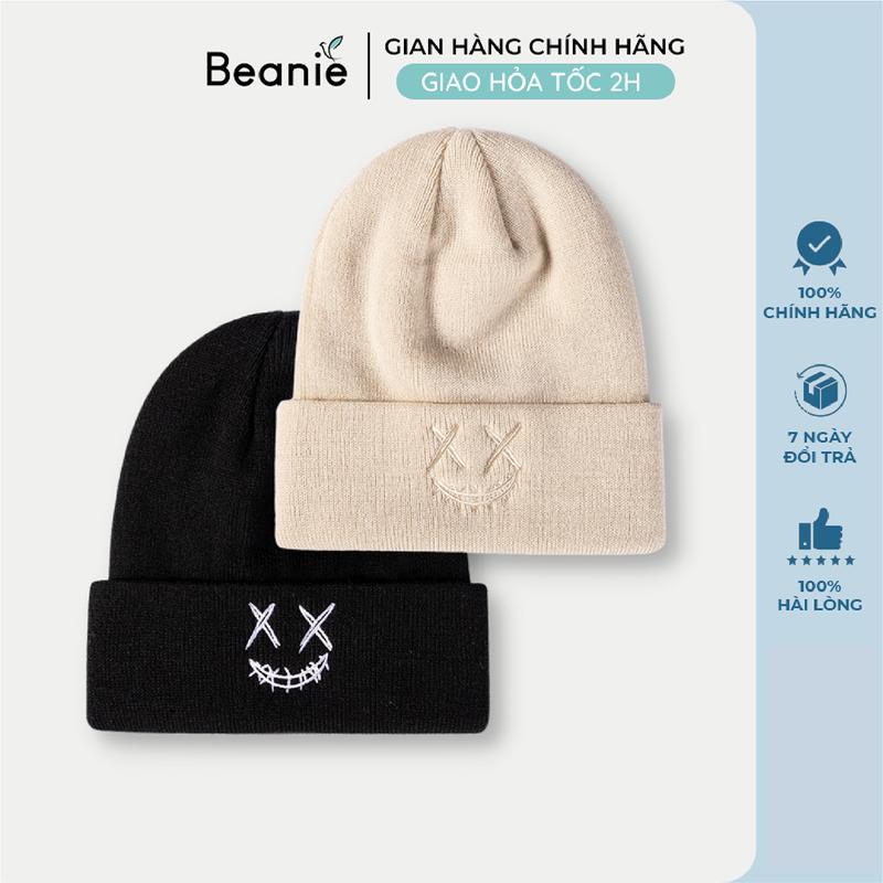 Mũ Len Thêu Mặt Cười BEANIE Dệt Kim Cao Cấp, Nón Len Unisex Nam Nữ Thời Trang Hàn Quốc Đẹp, Dài Ngắn Màu Trắng, Đen B003