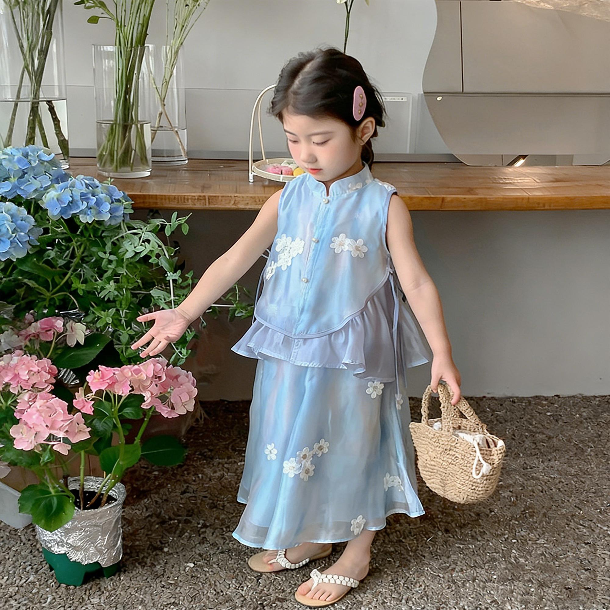 Ceria-Setelan Musim Panas Anak Perempuan/ Set Dua Potong Gaun Tanpa Lengan dengan Motif Bunga 2026