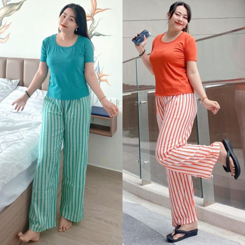 Đồ bộ nữ Bigsize 45-85kg Quần ông rộng suông sọc mặc nhà thoải mái ESHOP Đồ bộ đồ mặc nhà áo thun tăm lạnh quần vải đũi có túi đẹp dễ thương đi chơi đi ngủ kiểu dáng phù hợp với từng phong cách TOP Women