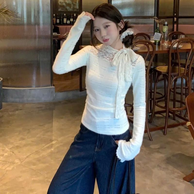 (ẢNH OLDSCHOOL) Áo ren lông thỏ mịn tay dài phối cổ nơ tháo rời A112