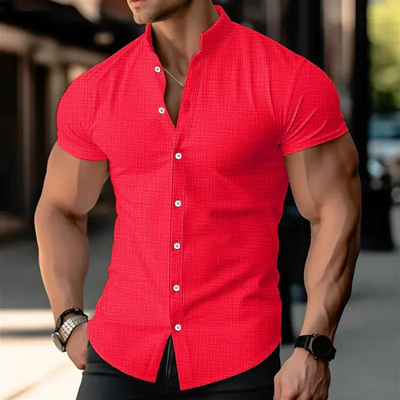 Men's stand up collar linen shirt, summer Hawaiian vacation beach button up, black and white solid color short sleeved shirt, casual daily clothing