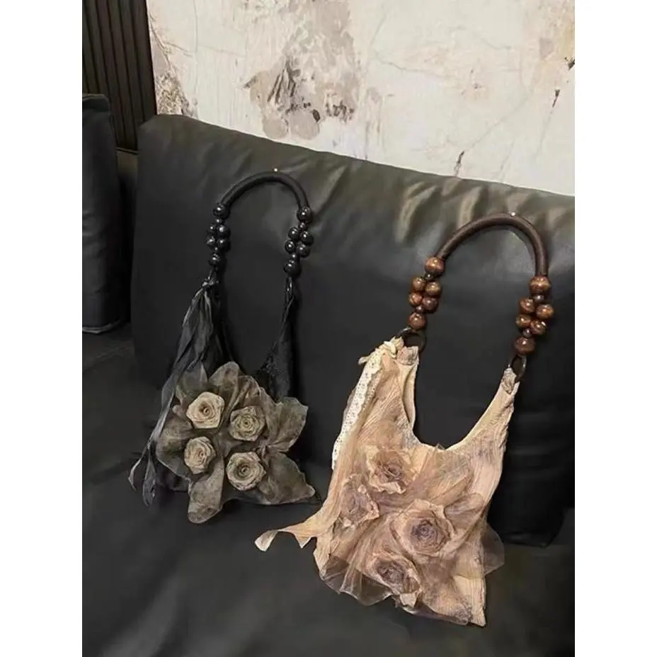 2025 Retro Chinese Style Grass-Dyed Rose Flower Bag Pleated Underarm Commuter Large Capacity Tote Shoulder Handbag