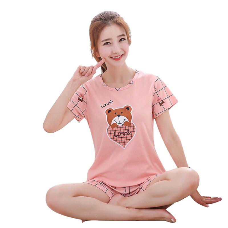 CO- 2Pcs/Set Cute Cartoon Animal Women Sleepwear Short Sleeve Top Shorts Pajamas 5