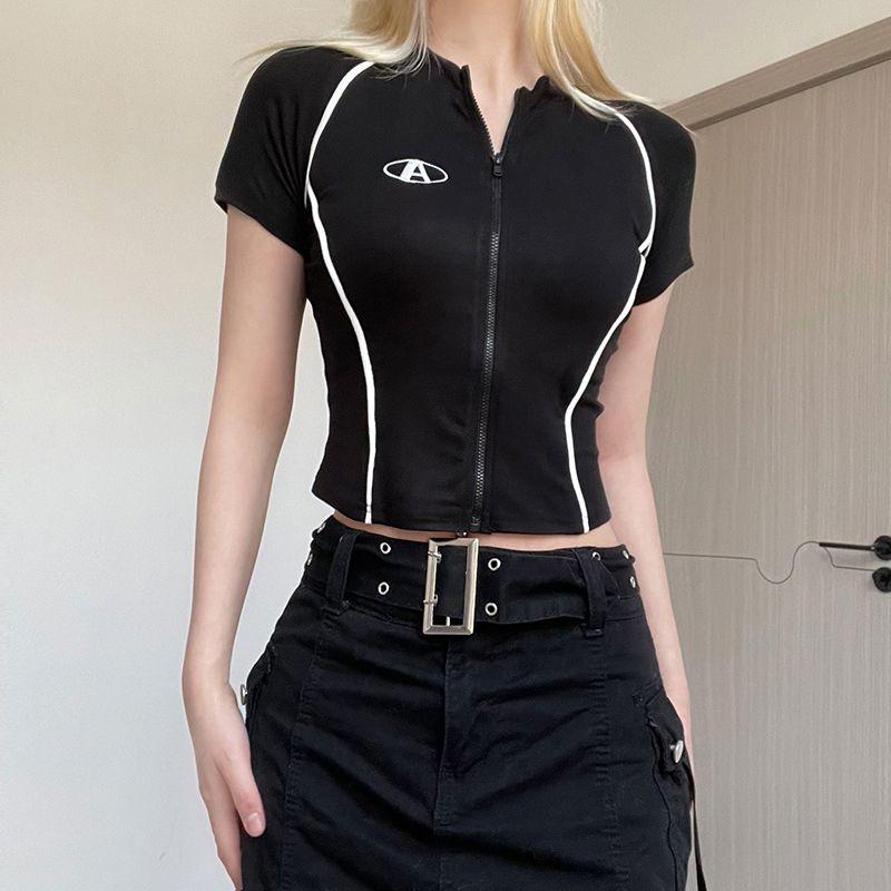 Product Introduction of Áo Cardigan Có Khóa Kéo, Phong Cách Xe Máy Mỹ, Áo Thun ngắn Tay Dành Cho Nữ, Có Sọc Nụ Thêu, Màu Đen, Áo Thể Thao Và Thể Dục Dễ Phối Đồ 1