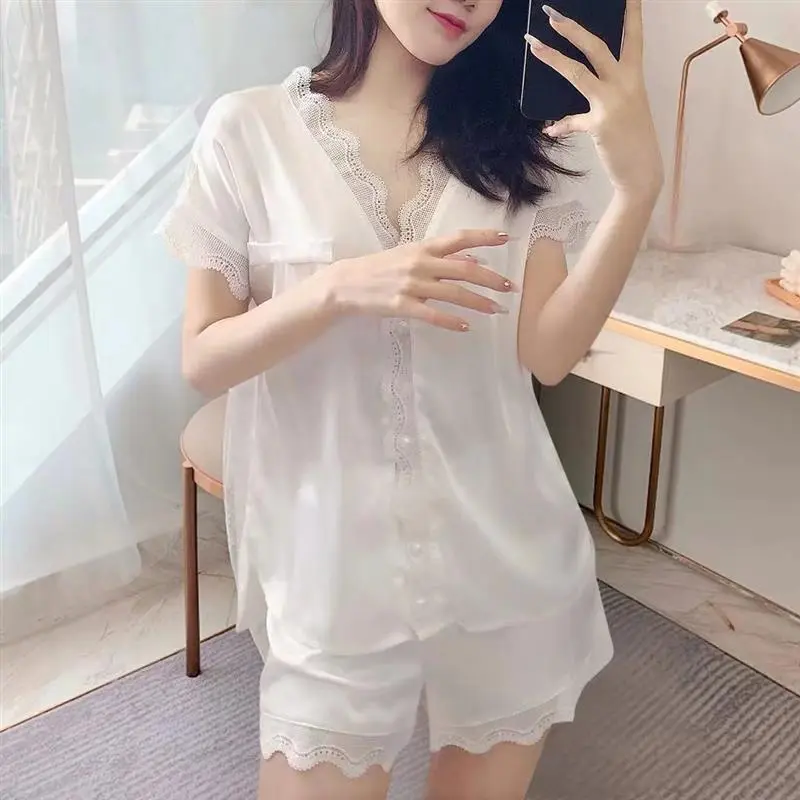 Sexy Lace Satin Pajamas Set Women Ice Silk Pyjamas Short Sleeve Shorts White Loungewear Two-Piece Sleepwear Baju Tidur Seksi Wanita