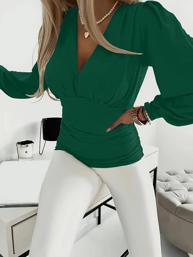 Product Introduction of Women's Solid Ruched Deep V Neck Blouse, Casual Long Sleeve Top for Spring & Fall, Women's Clothes for Daily Wear 11
