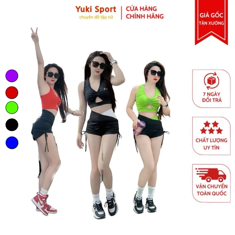 Bộ quần áo thể thao tập aerobic yoga, rút dây Quần cạp xéo phối màu - Chất vải thun lạnh co giãn