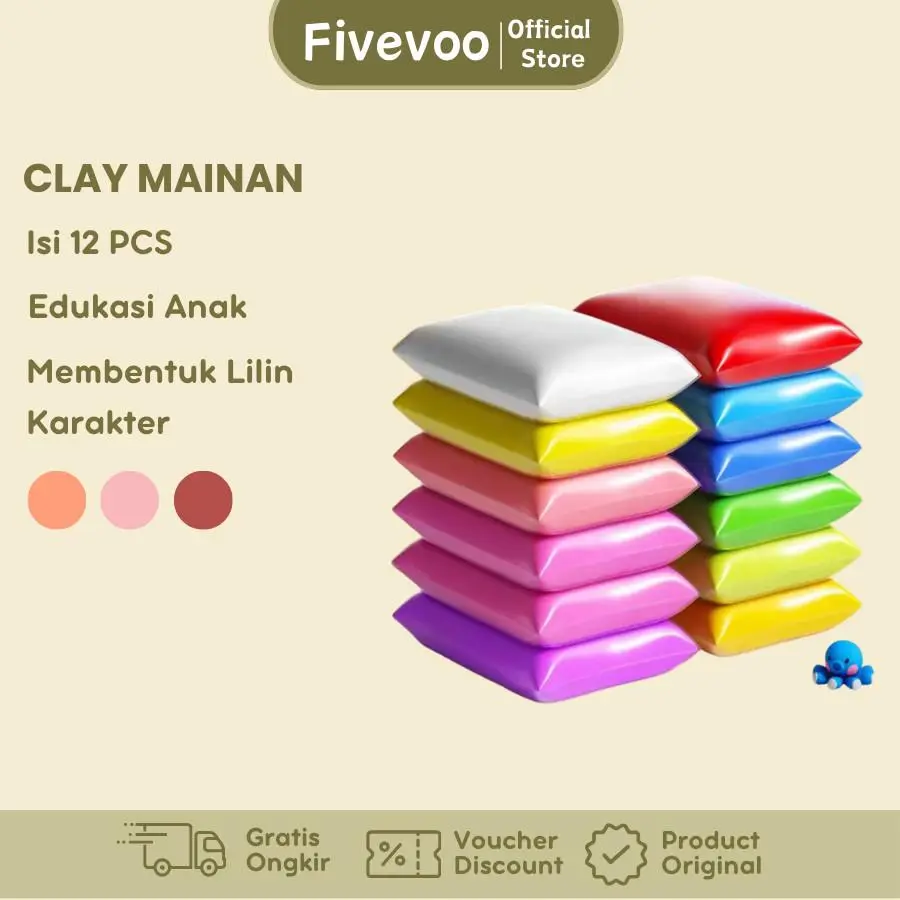 FIVEVOO Clay Mainan Anak/ Mainan Edukasi Anak/ Lilin Clay isi 12 Warna/ Polymer Clay 12 pcs