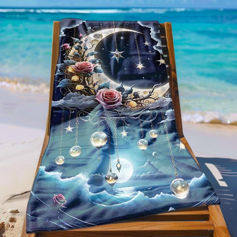 Product Introduction of Moon & Stars Pattern Beach Towel, Soft Absorbent Towel for Beach Swimming, Outdoor Travel, Summer Entertainment, Travel Beach Vacation Towel 4