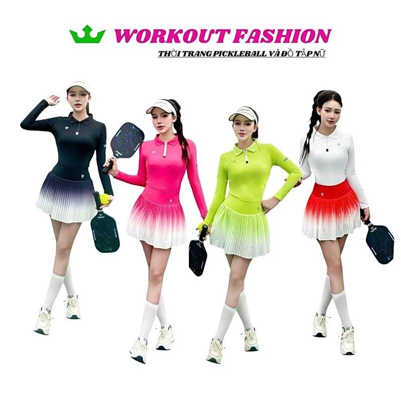 Bộ thể thao nữ dài tay chất liệu lulu Quảng châu gồm áo cổ dệt mở khoá trụ kết hợp chân váy xếp ly loang màu với công nghệ in chuyển cao cấp-chơi pickleball,golf,tennis..