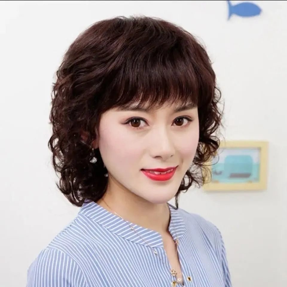 Wig Women's Short Hair, Short Curly Hair, Temperament, Full Headset Wig, Breathable, Fluffy, Realistic Hair Cover for Middle aged and Elderly Mothers