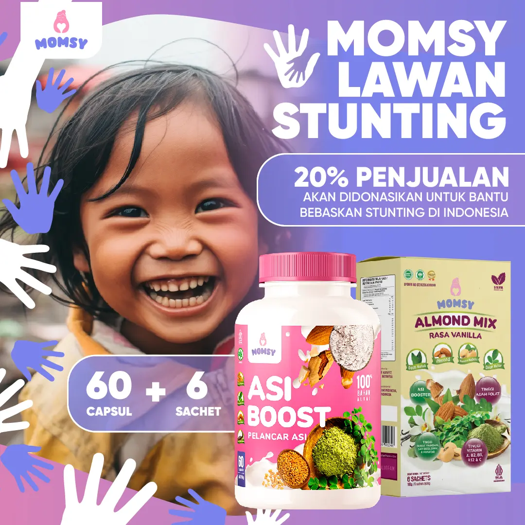 MOMSY LAWAN STUNTING | ASI Booster MOMSYAlmond Mix Rasa Vanilla 6 Sachet & Asi Booster 60 Kapsul BPOM, Halal Dengan 4 Bahan Pelancar ASI Sekaligus