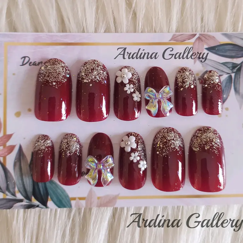 KUKU PALSU NAIL ART / KUKU PALSU MAROON/ FAKE NAIL FREE LEM TAHAN LAMA/KUKU PALSU PENGANTIN Nail Art Polish 3