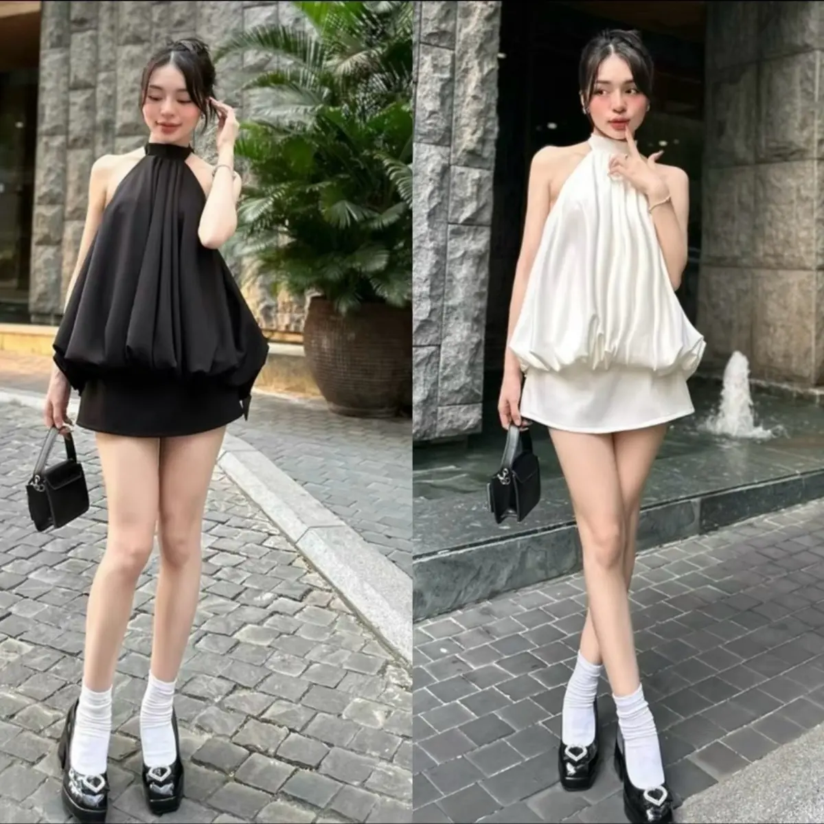 Set áo yếm bí phồng mix chân váy chữ A