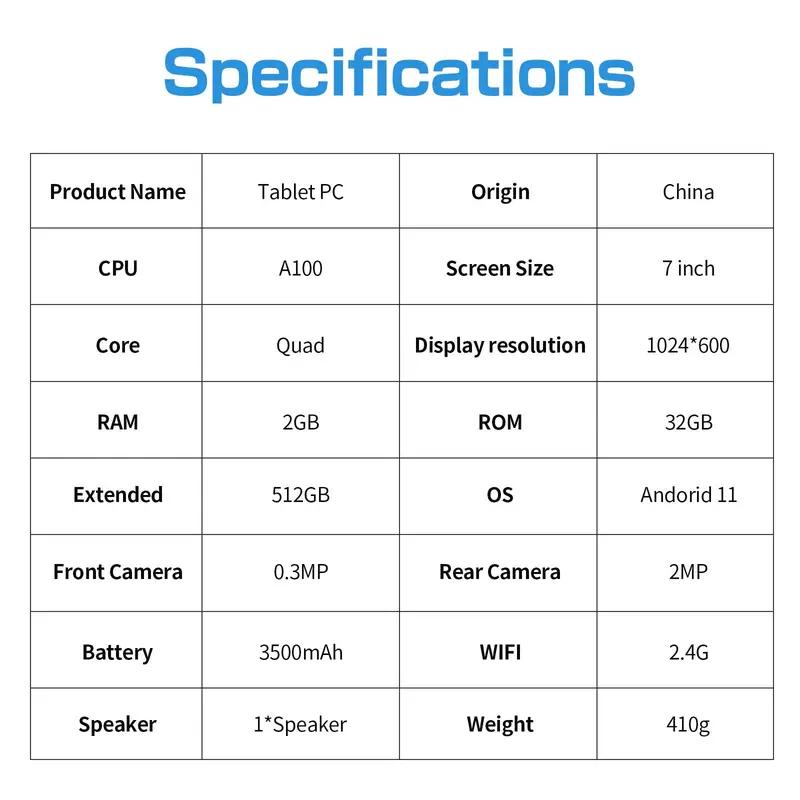 HD Touch Screen 7 Inch Tablet, Android 11 Tablet 2GB RAM 32GB Storage Tablet with WiFi Dual Camera, Parental Control System Android Tablet 7