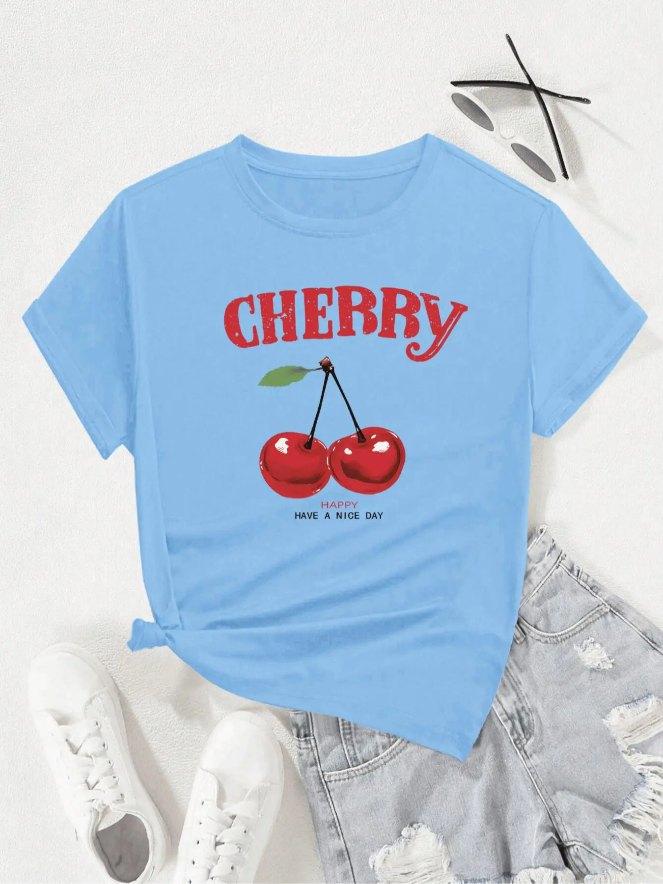 Women's Cherry & Letter Print Round Neck Sport Tee, Casual Short Sleeve Crew Neck T-shirt for Spring & Fall, Fashion Women's Top for Daily Gym Workout Wear