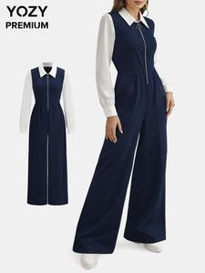 YOZY Women's Colorblock Zipper Shirt Jumpsuit, Casual Long Sleeve Collared Jumpsuit for Spring & Fall, Women's Clothes for Daily Wear