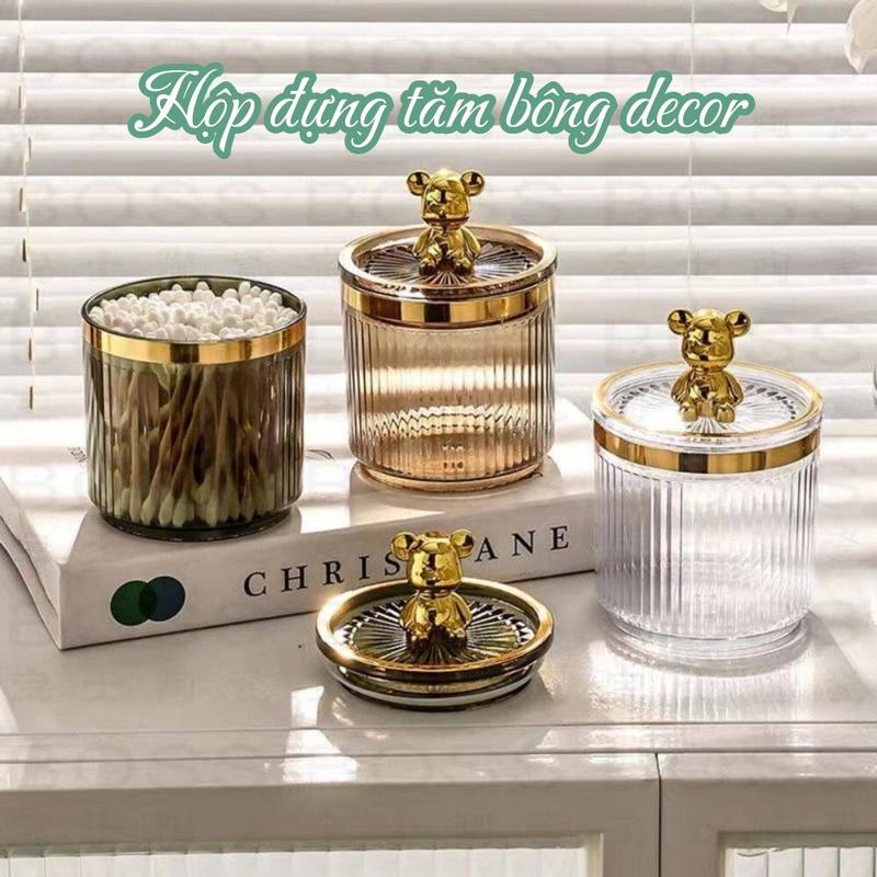 Lọ đựng tăm bông, bông tẩy trang thiết kế nắp gấu BEARBRICK chất liệu nhựa mika - Hộp đựng tăm xỉa răng, hộp đựng baby three