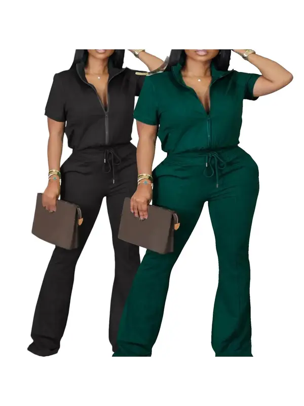 lovelywholesale Women's Plain Co-ord Set, Casual Zip Up Top & Drawstring Flare Leg Pants, Chav Sets, Summer Outfits 2024, Curvy Holiday Outfits 2024 6