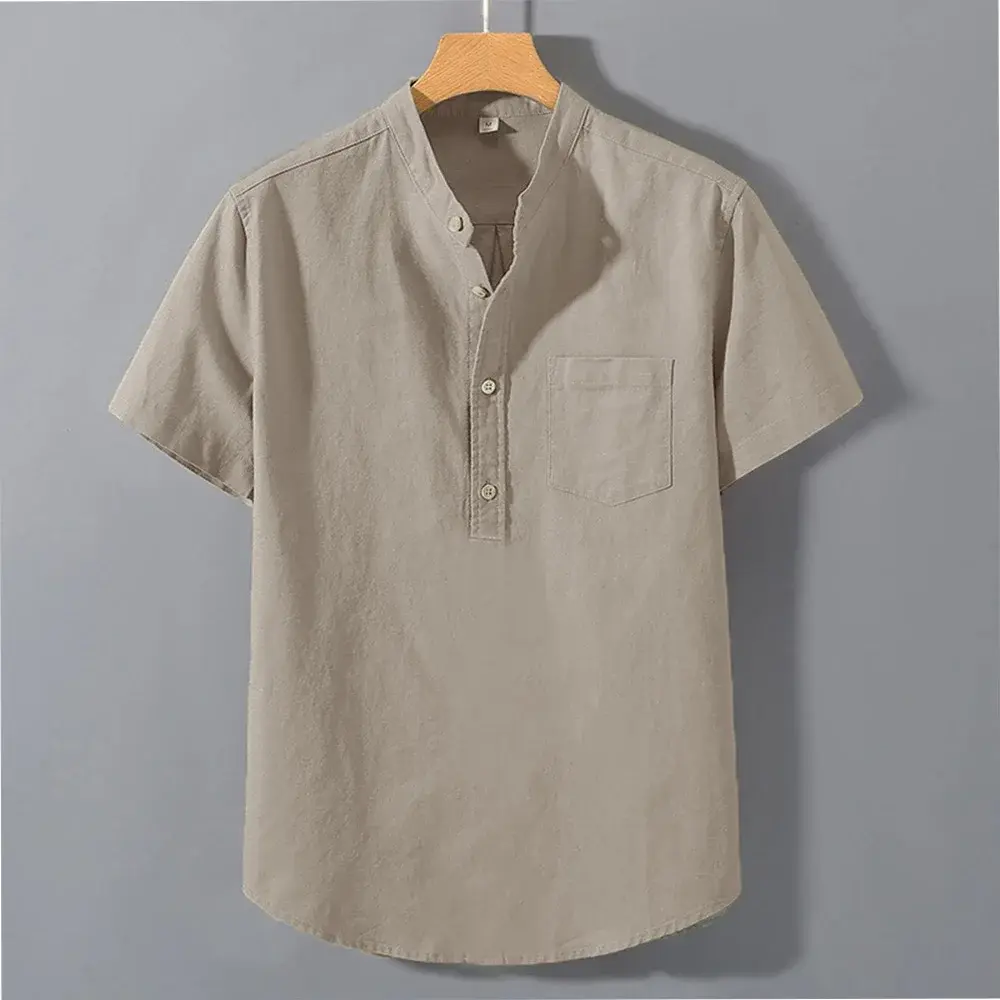 Men's summer short sleeved monochrome button pocket design, daily linen fabric simple and comfortable style high street shirt