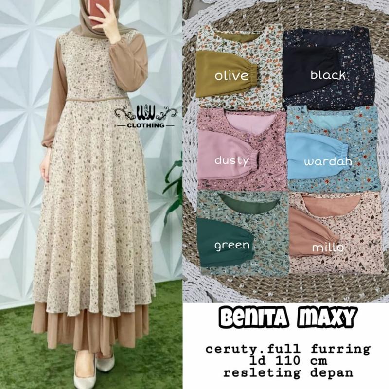 Product Introduction of Benita Maxy Dress Busui Resleting Depan Gamis Ceruty Full Furing  Gamis Kondangan Penikahan Motif Bunga Mewah Elegan Best Seller 15