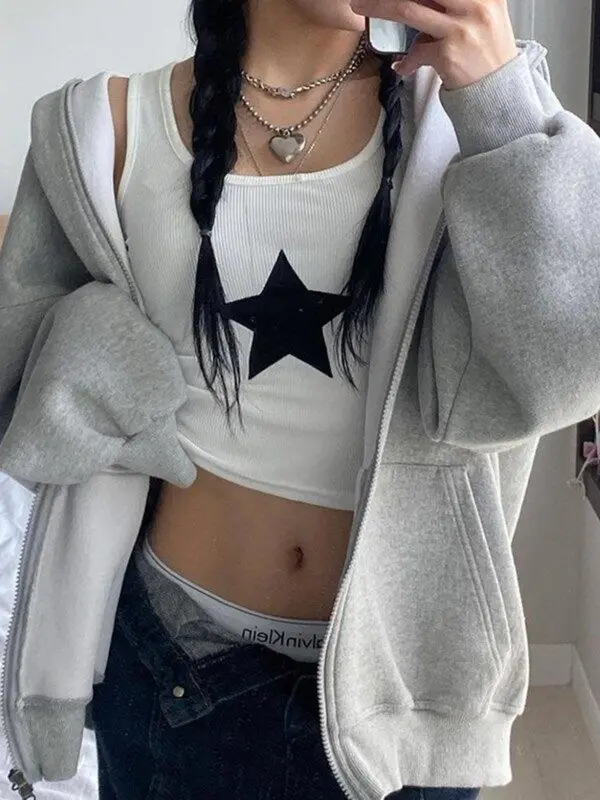 Women's Star Embroidery Round Neck Crop Tank Top, Summer Clothes Women, Casual Crew Neck Ribbed Top for Daily Holiday Wear, Lady's Clothing for Summer 2