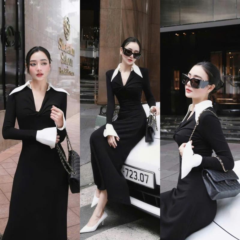 D671 ĐẦM THIẾT KẾ BIGSIZE DÁNG DÀI CỔ V PHỐI TAY LOE TRẮNG (TÁO ĐỎ BIGSIZE 55-90KG) 1