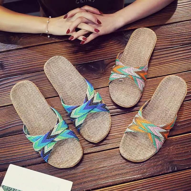 Product Introduction of Fashion Ethnic Style Linen Slippers Non-Slip Stripe Indoor Slippers Sweat Absorption Soft Flat Slippers Bedroom 18