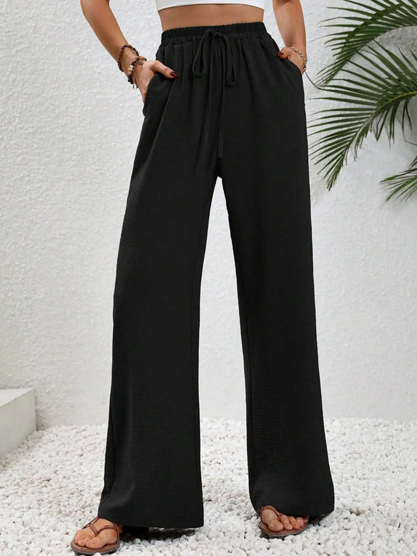 Women's Plain Drawstring High Waist Wide Leg Pants, Summer Clothes Women, Casual Pocket Elastic Waist Trousers for Summer, Women's Bottoms for Daily Wear