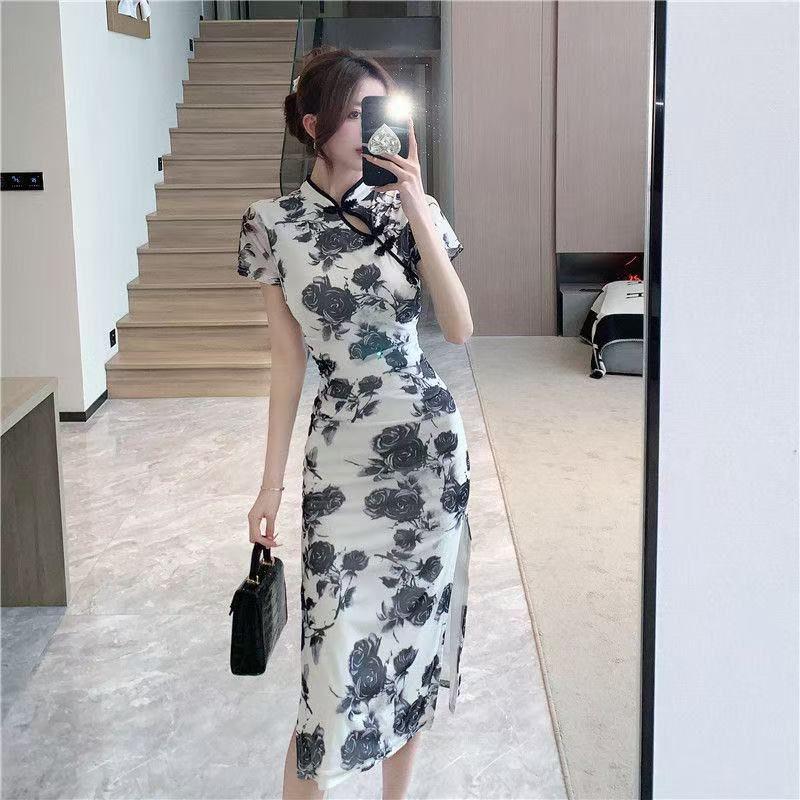 Product Introduction of Váy Cao Trên Đầu Gối, Phong Cách Trung Quốc Mùa Hè, Dáng Ôm, Xẻ Tà Thanh Lịch, Sườn Xám Sửa Đổi, Thường Ngày, Thanh Lịch Và Thời Trang 7
