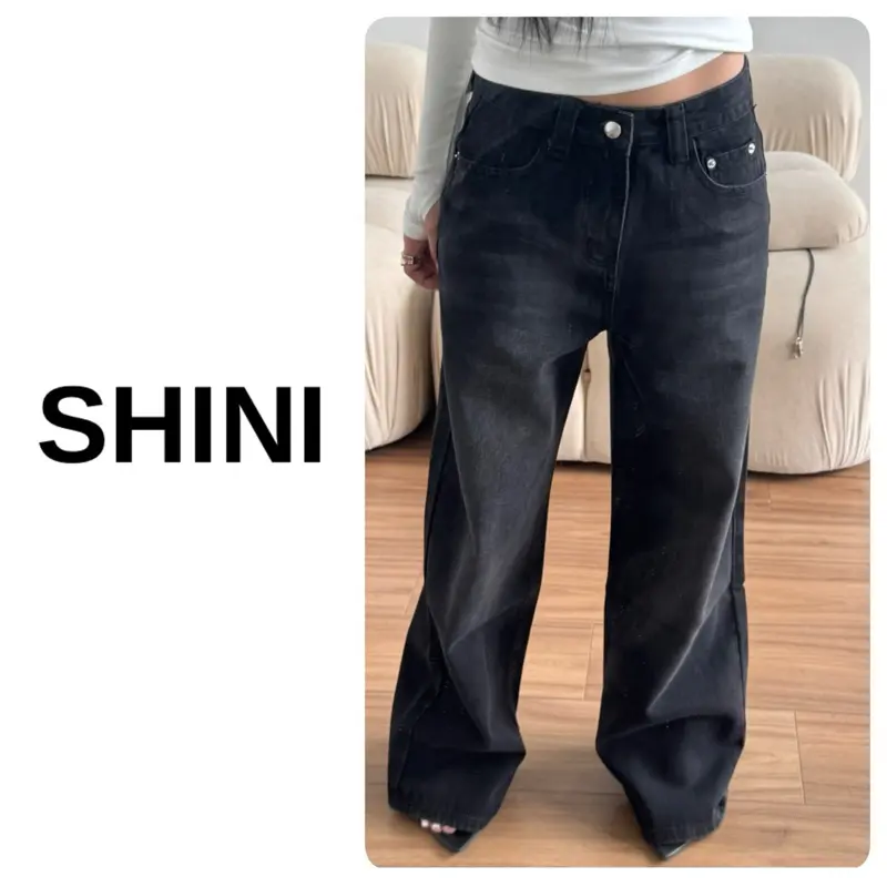 ￼Quần jean nữ MÀU ĐEN lưng cao tôn dáng ống đứng, vải demin dày dặn bền màu JEAN dày SHINI