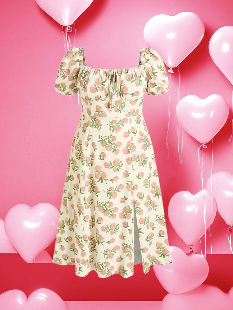 Product Introduction of Back To School Womenswear Plus Size Fruit Print Puff Sleeve Dress, Casual Wear Shirred Split Thigh A Line Dress for Daily Holiday Vacation Wear, Chic Dresses for Women, Women Plus Clothing for Summer,  Clarasummers14 Dress 15
