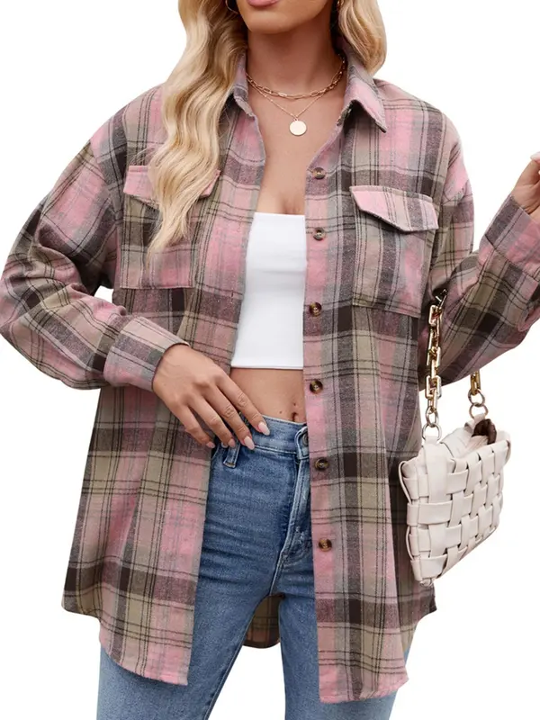 Women's Tartan Print Button Front Pocket Shirt, Casual Drop Shoulder Long Sleeve Top for Fall & Winter, Women's Clothes for Daily Wear 4