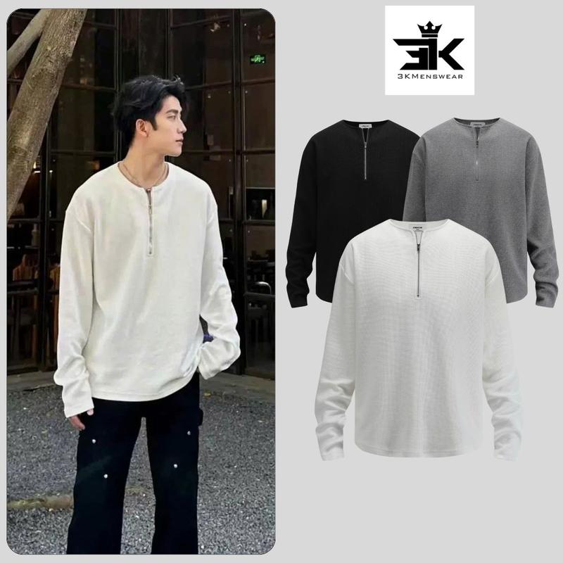Áo thun dài tay, khóa kéo cổ 3KMEN chất liệu vải cotton tổ ong thoáng mát Hoodie Menswear