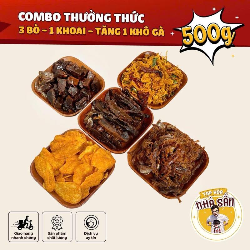 Tặng 1 Khô Gà - Combo Thưởng Thức 600gr 3 Gói Bò Cháy Tỏi Phố Cổ + Khoai Tây Sấy Trứng Muối Đà Lạt. Đồ Ăn Vặt Snack NHÀ SẮN Vietnam Food Thức Ăn Cay