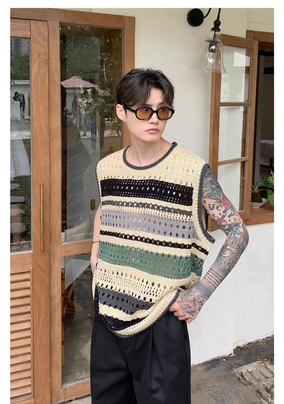 Product Introduction of Áo Vest Sọc Màu Cổ Điển Mỹ Áo Thun Không Tay Dệt Kim khoét Mỏng Mùa Hè Cho Nam Áo Cổ Tròn Dễ Phối Đồ Thường Ngày Hợp Xu hướng [S-XXL] 3