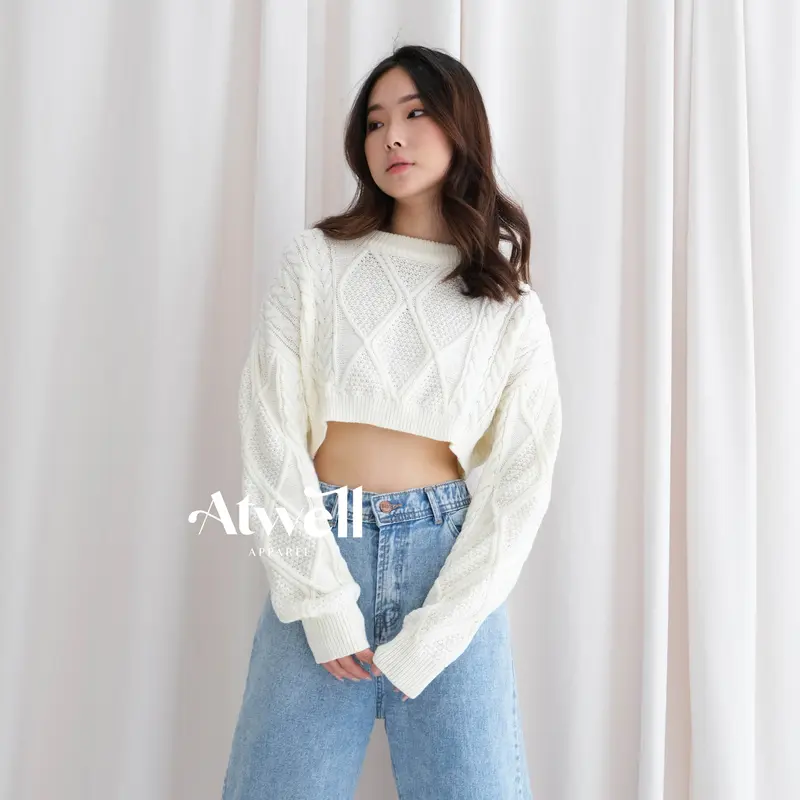 Atwell Apparel - Beatrice Cable Knitwear Crop Sweater - Atasan Wanita Basic - Top Outer Baju Stretch 5