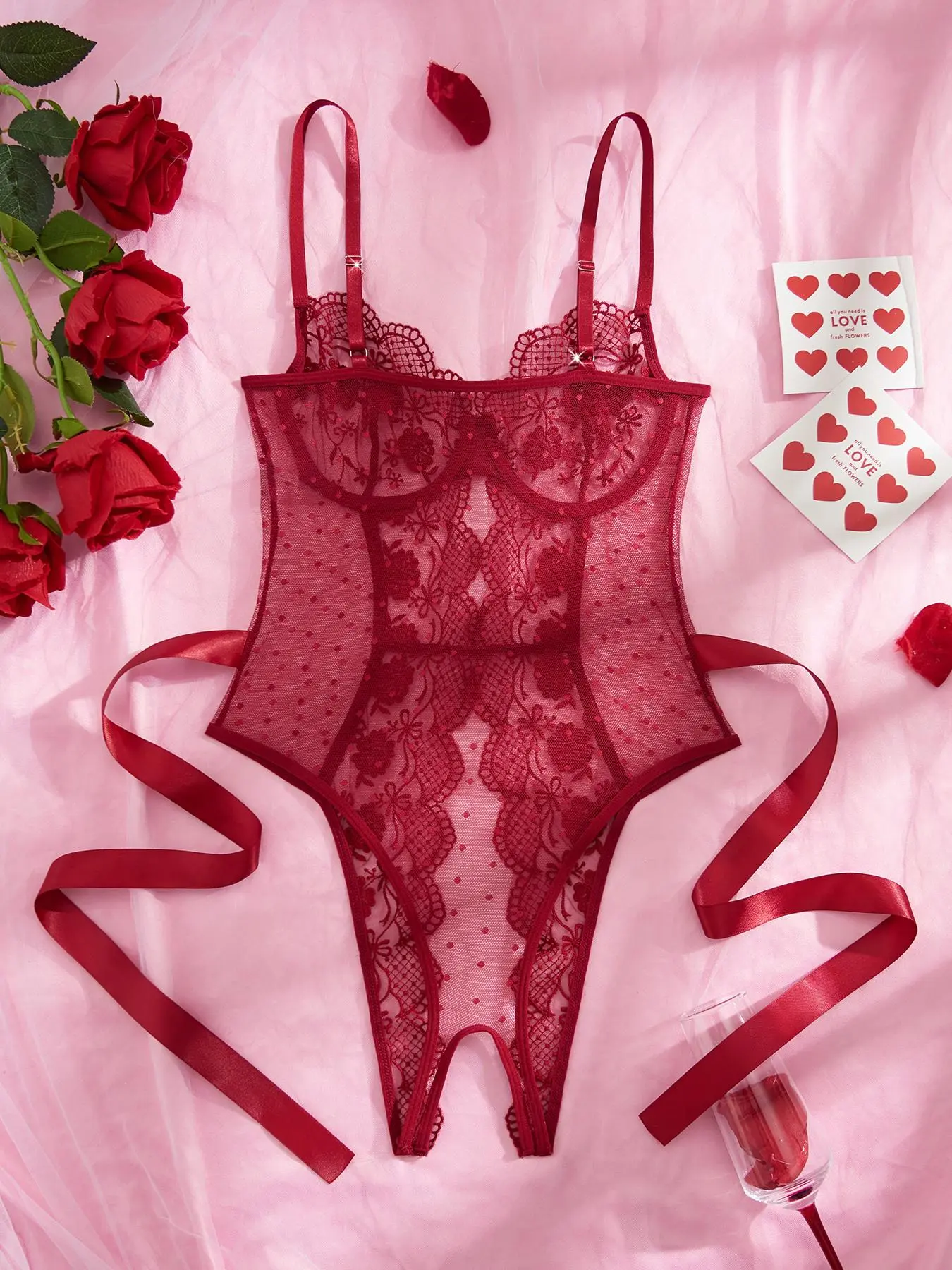 Women's Solid Color Floral Embroidery Knot Front Open Crotch Sexy Lace Bodysuit, Sexy Soft Comfortable Breathable Adjustable Strap Backless Lingerie Bodysuit for Romantic Night, Women's Lingerie for All Seasons