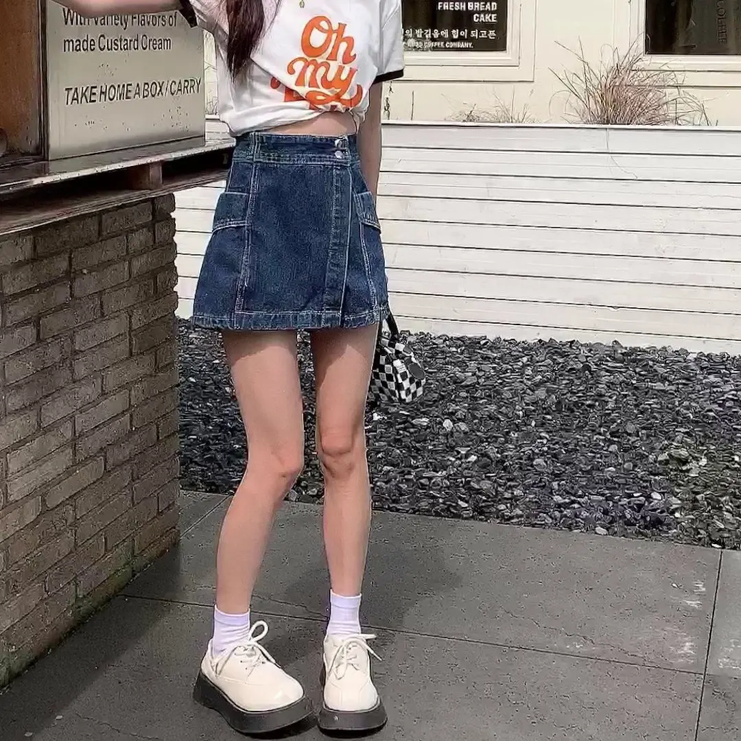 2024 New Chinese Style Denim Skirt Women's Summer Small High Waist Slim Design Irregular Short Pantskirt.. Womenswear Bottom
