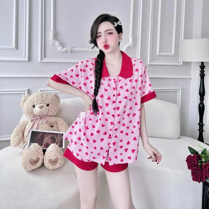 Đồ Bộ Ngủ Pijama Đùi Lụa Nhật Họa Tiết Phối Sang Chảnh Tay Ngắn Quần Đùi Nữ Đùi Bigsize Siêu Xinh Women Nhung Quần Ngủ Áo Nho Voi 2