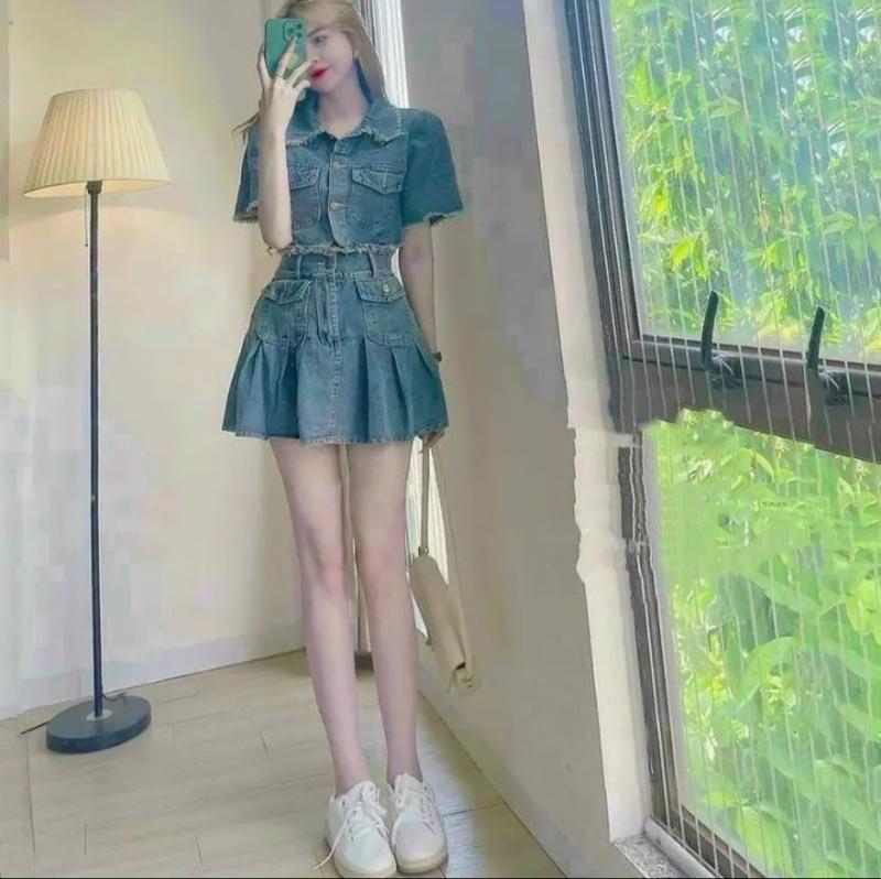 Set Chân váy kèm áo tay ngắn tua rua - Chất Jeans dày mịn - Hàng bao đẹp Nữ Top Denim 4