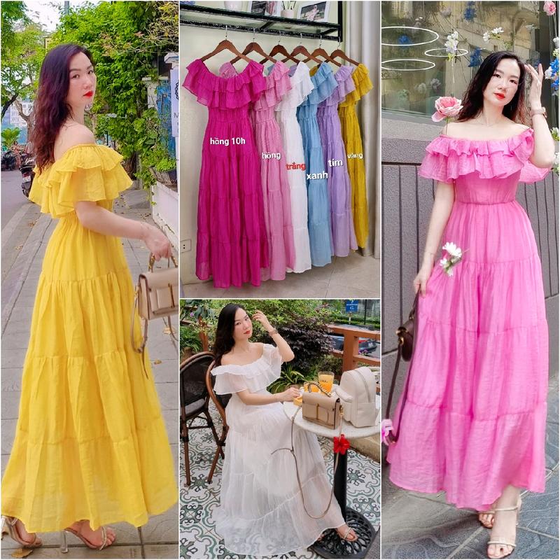 Váy Maxi tơ xước M5 bohemieng cổ bèo to 2 tầng chất tơ mịn mát lót lụa. Được thiết kế may kỹ đẹp xuất sắc. Ảnh thật