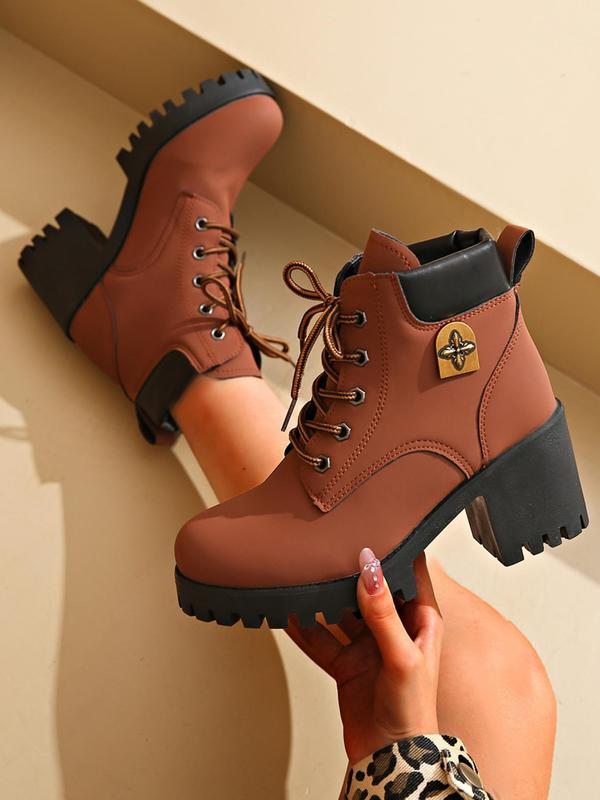 Women's Fashionable Solid Color Lace Up Ankle Boots, Casual Comfortable Round Toe Boots for Daily Wear, Female All-match Shoes for Spring & Fall 6