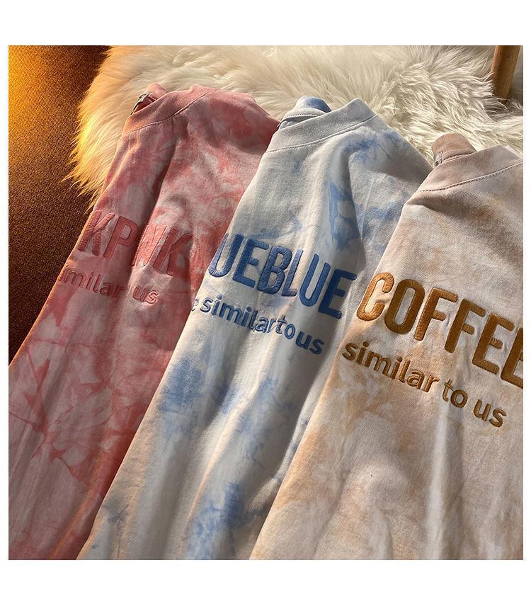 Product Introduction of Tie-Dye Top T-Shirt Embroidered Letters Couple Outfit Best Friend Outfit Short Sleeve T-Shirt Women Summer Loose Casual Top T-Shirt 14