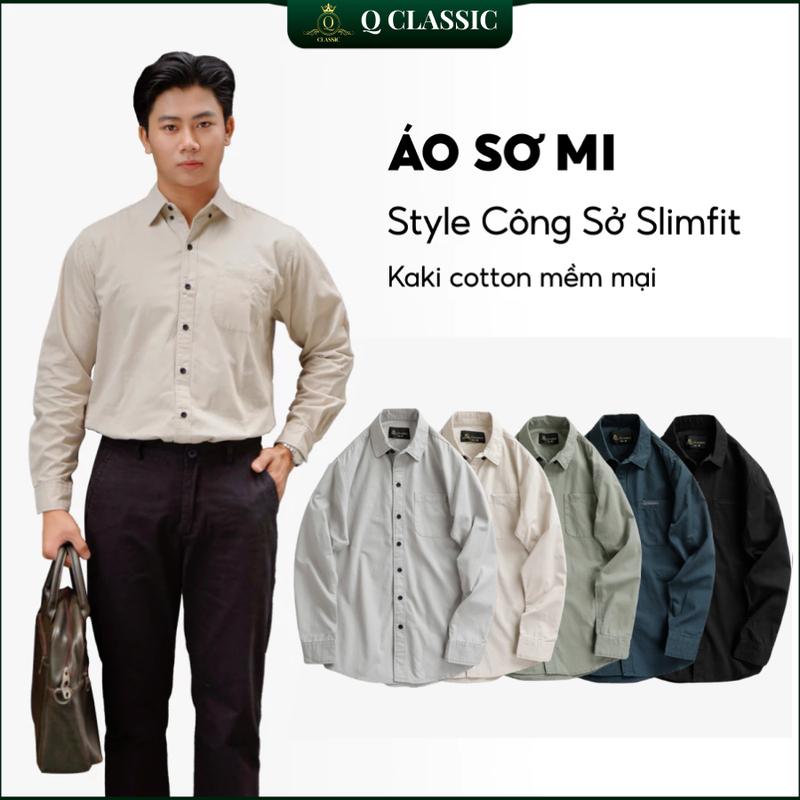 Áo Sơ Mi Nam Dài Tay Q Classic Thiết Kế Công Sở Logo Thêu Menswear Shirt Đen ( ASM04 )