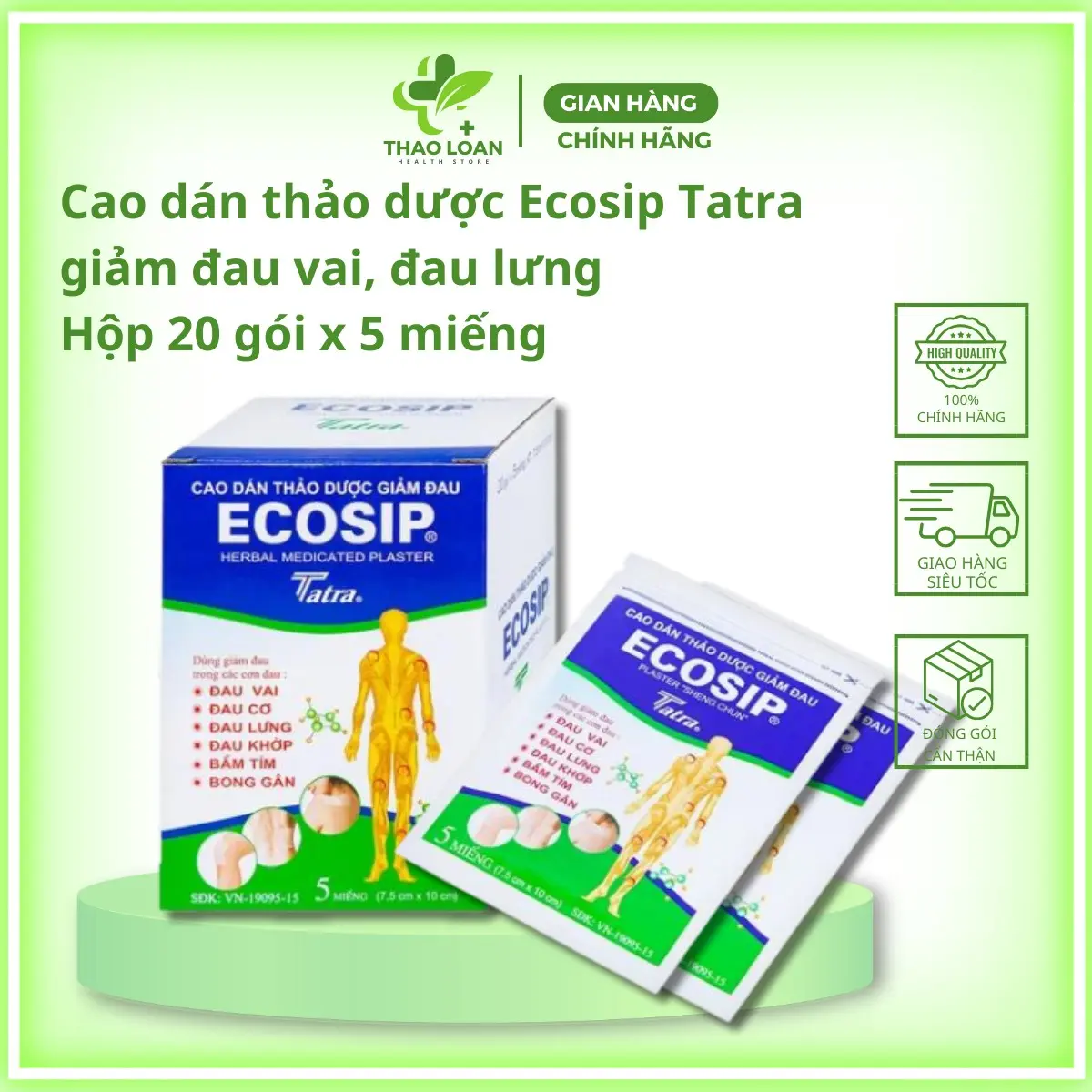 Cao dán thảo dược Ecosip Tatra giảm đau vai, đau lưng Hộp 20 gói x 5 miếng