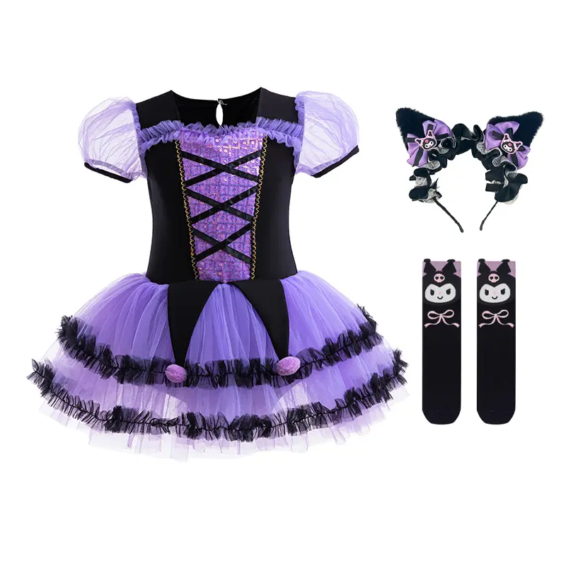 Váy Purpe, Dành Cho Bé Gái, Sanrio, Quần Áo Múa Ba Lê Kuromi, Trang Phục Hóa Trang Halloween Và Giáng Sinh, ngắn Tay, Trang Phục Bé Gái