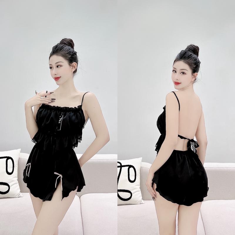 Đồ ngủ, Đồ bộ 2  dây, chính hãng NH, SET Bộ ngủ NỮ, lụa quần đùi, kết hơp ren hoa, mã sản phẩm N16 Women Nữ Nhung Voi Kem