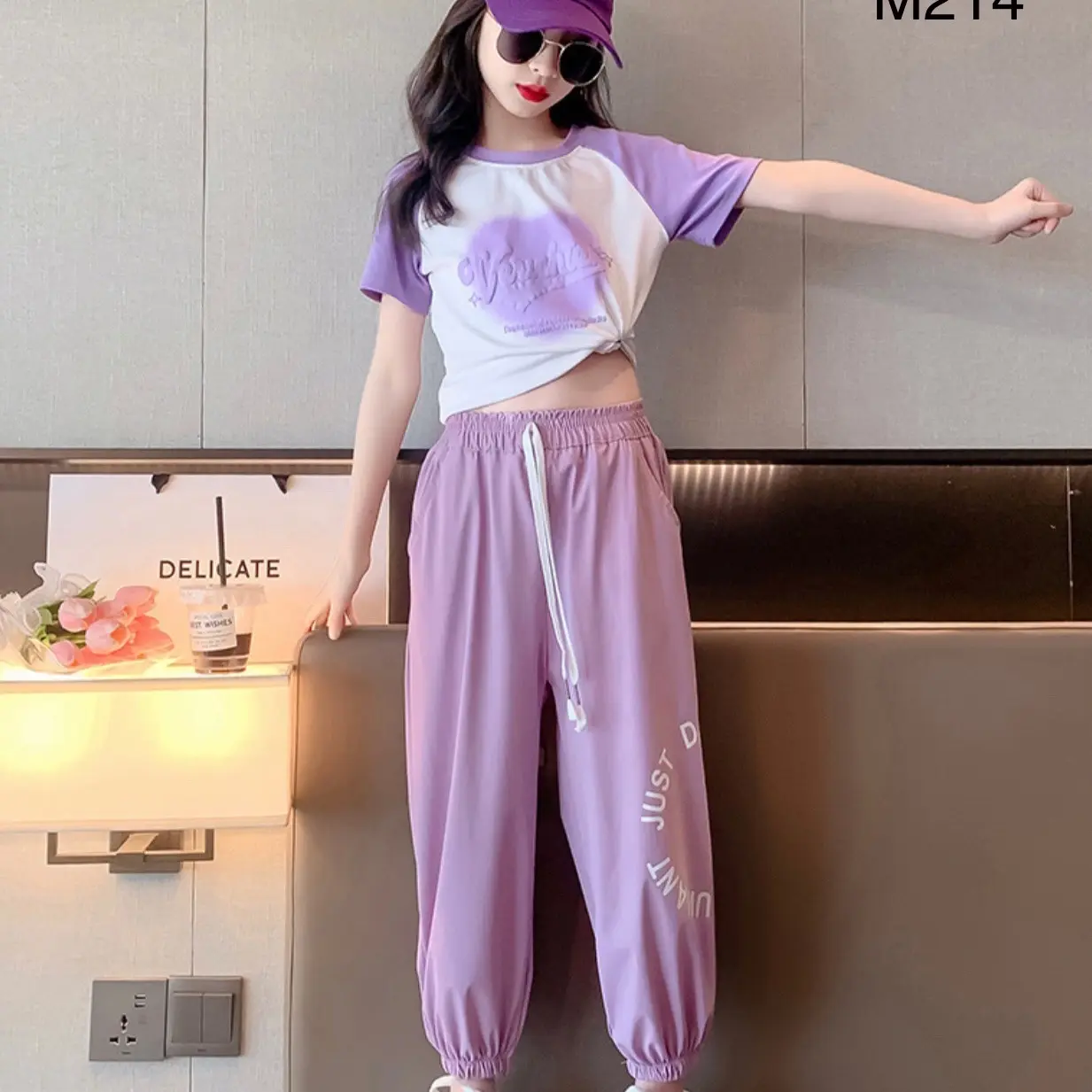 Bộ quần dài kèm áo phông nhắng tay mùa hè cho bé gái 18-48kg M214